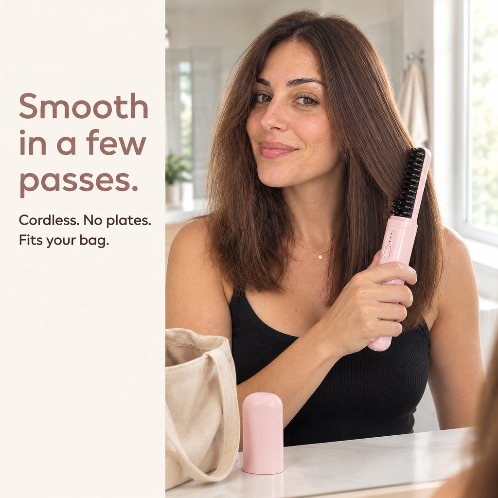 Woman smoothing her hair with the Quiet Gloss cordless brush