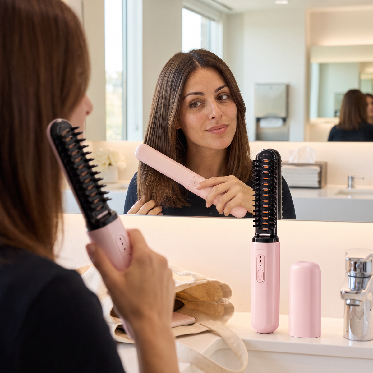 Woman smoothing her hair with the Quiet Gloss cordless brush