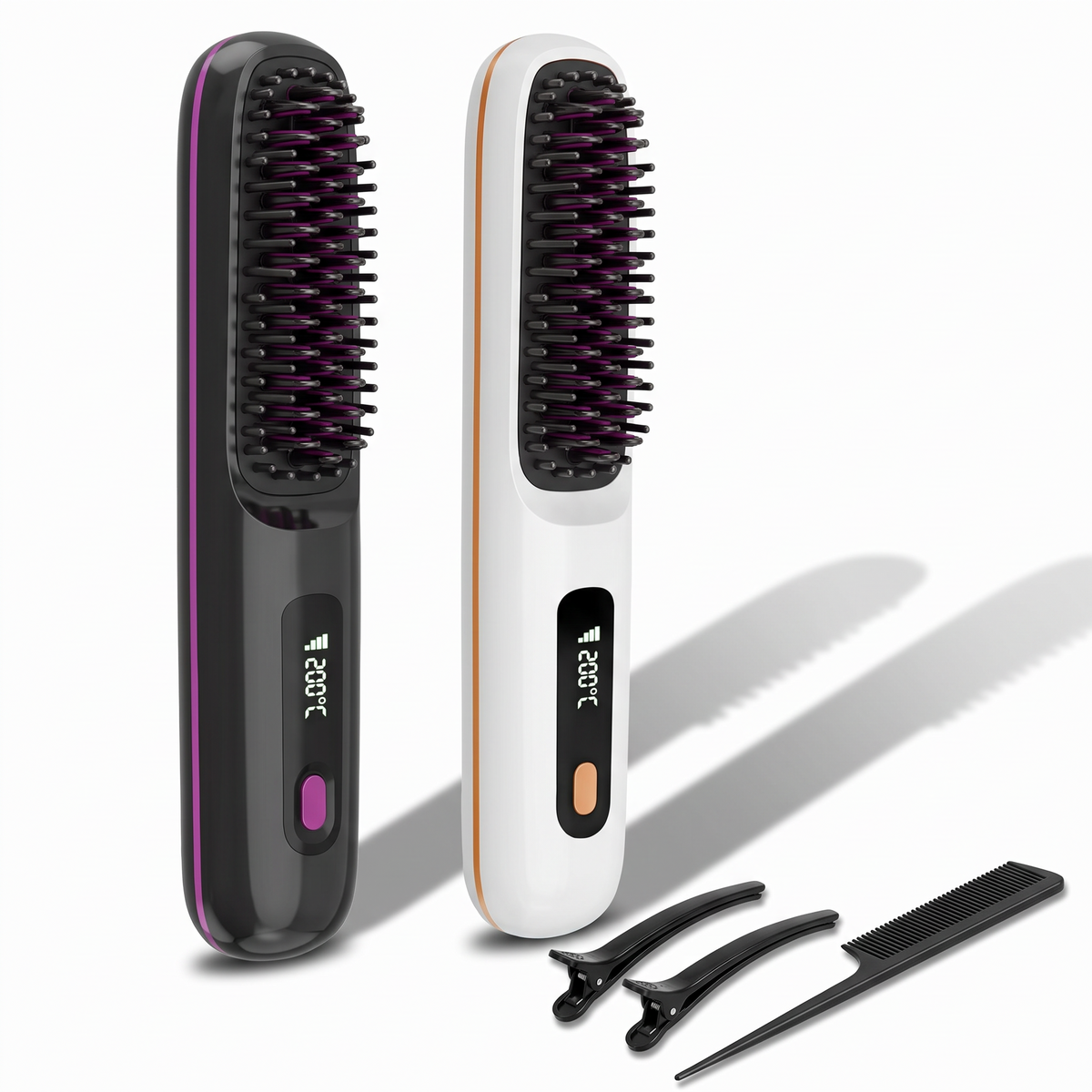 Quiet Gloss cordless heated brush in Black and White with 2 clips and a tail comb